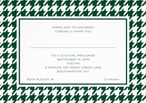 Classic landscape invitation card with modern frame, editable text and line for personal addressing. Green.