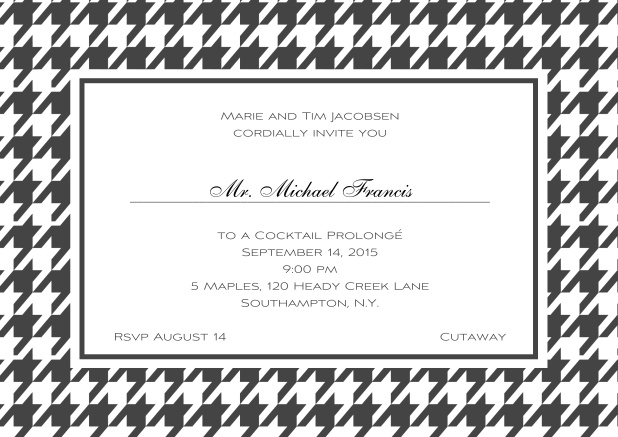 Classic landscape online invitation card with modern frame, editable text and line for personal addressing. Grey.