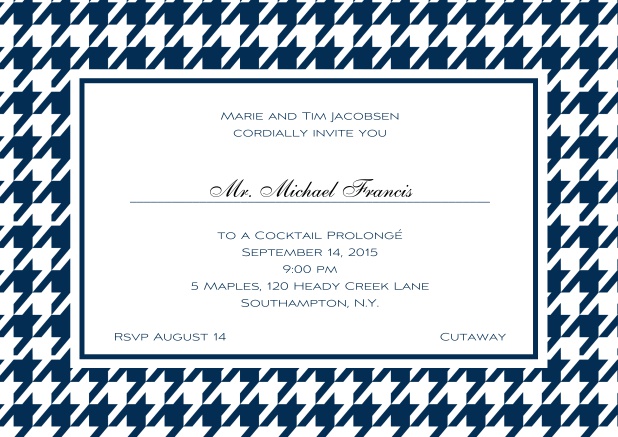 Classic landscape online invitation card with modern frame, editable text and line for personal addressing. Navy.