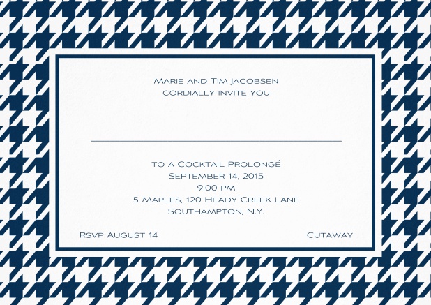 Classic landscape invitation card with modern frame, editable text and line for personal addressing. Navy.