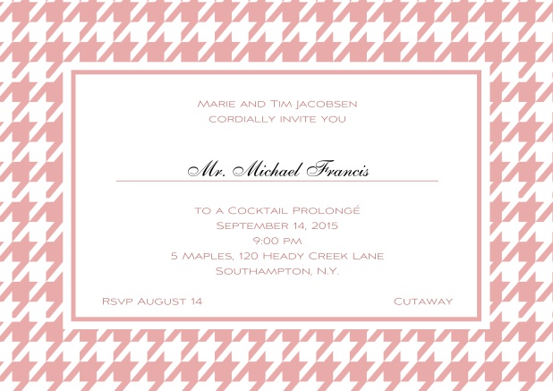 Classic landscape online invitation card with modern frame, editable text and line for personal addressing. Pink.