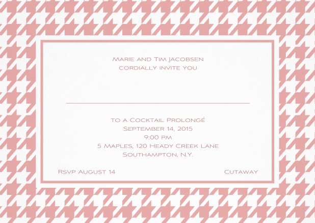 Classic landscape invitation card with modern frame, editable text and line for personal addressing. Pink.