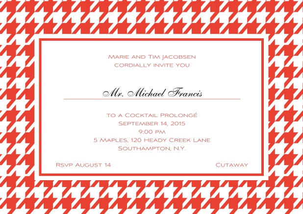 Classic landscape online invitation card with modern frame, editable text and line for personal addressing. Red.