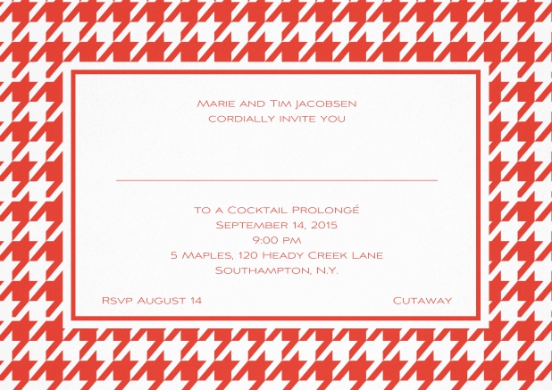 Classic landscape invitation card with modern frame, editable text and line for personal addressing. Red.