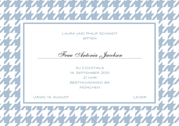 Klassische online Einladungskarte mit grobem Flaggenrahmen und mehreren Farben und editierbarem Text inklusive Linie für den Empfängernamen. Blau.