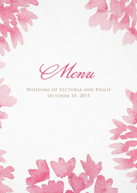 Menu card design with pink water color flowers.