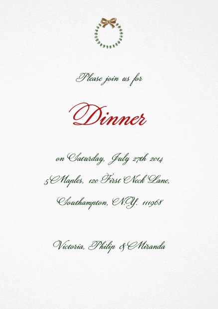 Elegante Weihnachtseinladungskarte mit silbernen und rotem Kranz.