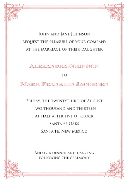 Online formale Einladungskarte für Hochzeitseinladungen und edle Geburtstagseinladungen mit rotem Rahmen.