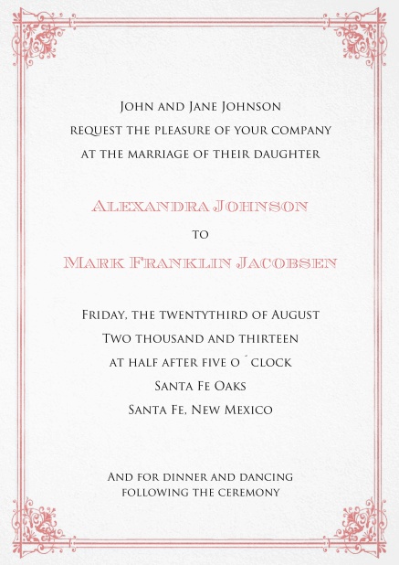 Formale Einladungskarte für Hochzeitseinladungen und edle Geburtstagseinladungen mit rotem Rahmen.