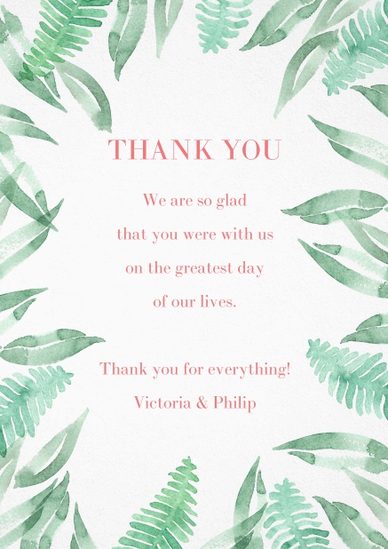 Thank you card with green leaf design.