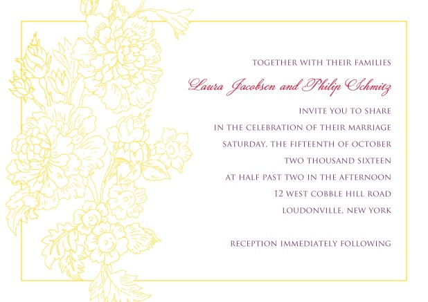 Online wedding invitation card with thin golden frame and gold leaf.