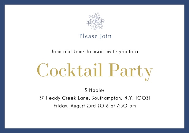 Online Cocktail party invitation card with snow flake and colorful frame. Blue.