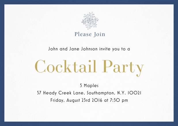 Cocktail party invitation card with snow flake and colorful frame. Blue.