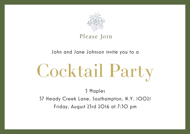 Online Cocktail party invitation card with snow flake and colorful frame. Green.