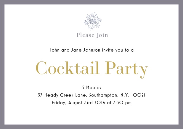 Online Cocktail Einladungskarte mit Schneeflocke und farbigem Rahmen. Grau.