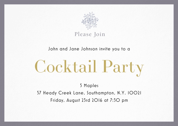 Cocktail party invitation card with snow flake and colorful frame. Grey.