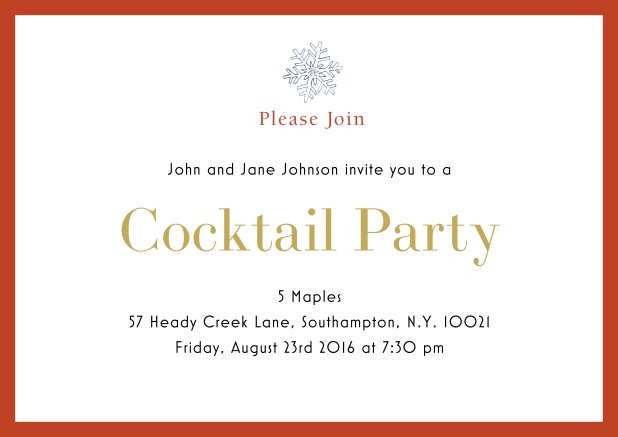 Online Cocktail party invitation card with snow flake and colorful frame. Orange.