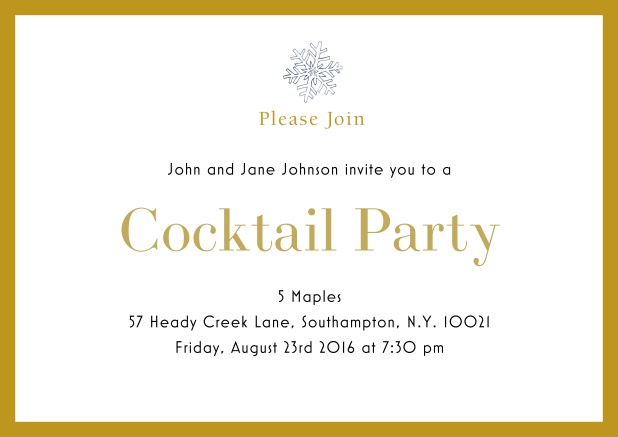 Online Cocktail Einladungskarte mit Schneeflocke und farbigem Rahmen. Gelb.