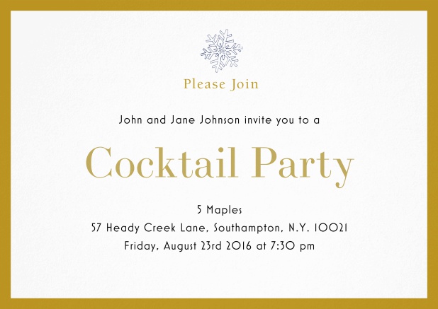 Cocktail party invitation card with snow flake and colorful frame. Yellow.