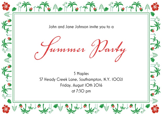 Online Sommer Party Einladungskarte mit Palmen und Hibiscus Rahmen.