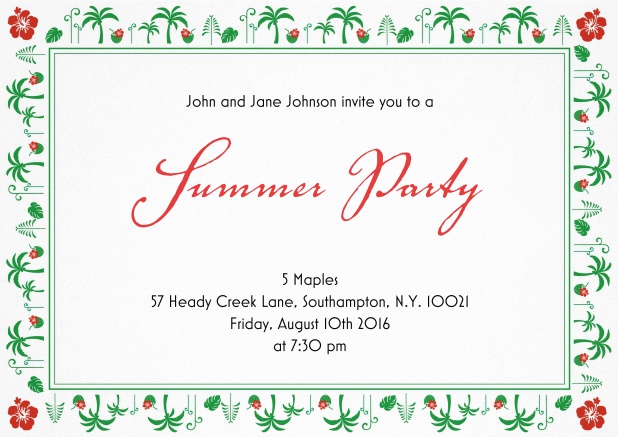 Summer party invitation card with palm trees and hibiscus frame.