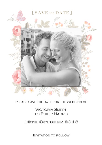 Online save the date for weddings or other celebrations with photo and colorful flowers.