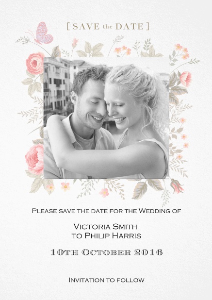 Save the date card for weddings or other celebrations with photo and colorful flowers.