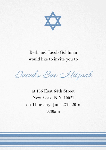 Bar oder Bat Mitzvah Einladungskarte mit Foto und Davidstern in auswählbaren Farben.