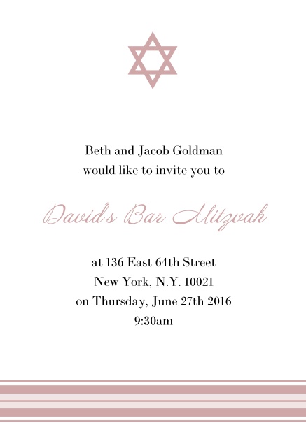 Online Bar or Bat Mitzvah Invitation card with photo and Star of David in choosable colors. Pink.