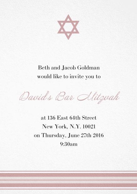 Bar or Bat Mitzvah Invitation card with photo and Star of David in choosable colors. Pink.