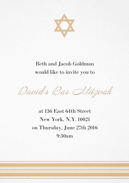 Bar oder Bat Mitzvah Einladungskarte mit Foto und Davidstern in auswählbaren Farben. Gelb.