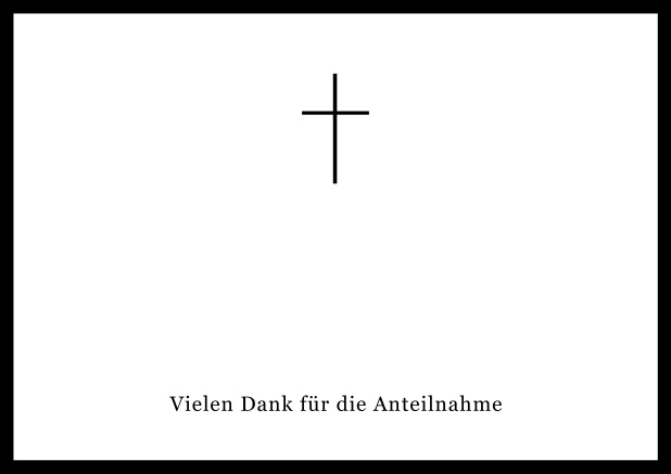 Online Trauer-Danksagungskarte mit Kreuz und Rahmen in schwarz oder gedeckten Farben und Foto auf der Innenseite. Schwarz.