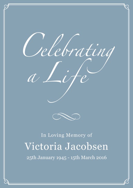 Online Memorial invitation card for celebrating a love one with photo, light frame and in various colors. Blue.