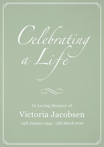 Memorial invitation card for celebrating a love one with photo, light frame and in various colors. Green.