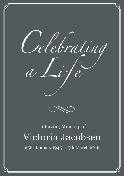 Online Memorial invitation card for celebrating a love one with photo, light frame and in various colors. Grey.