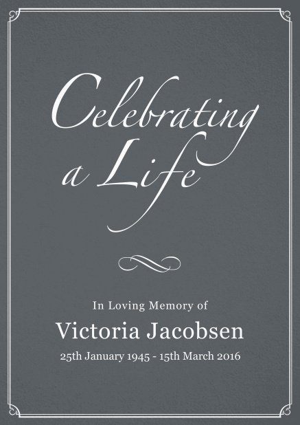 Memorial invitation card for celebrating a love one with photo, light frame and in various colors. Grey.