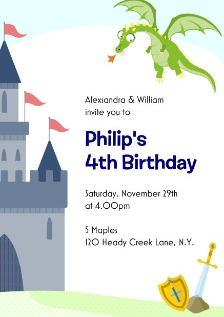 Online invitation card for little Knights and Princesses with dragons and castles