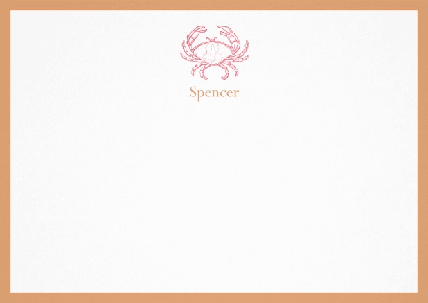 Personalizable note card with illustrated crab and frame in various colors. Orange.