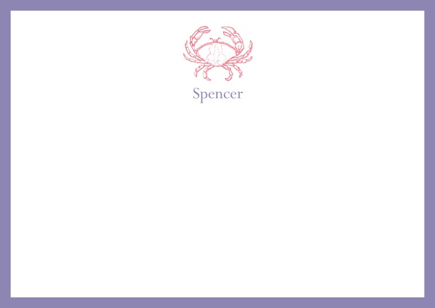 Personalizable online note card with illustrated crab and frame in various colors. Purple.