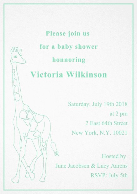 Cute classic invitation card with illustrated giraffe and editable text. Green.