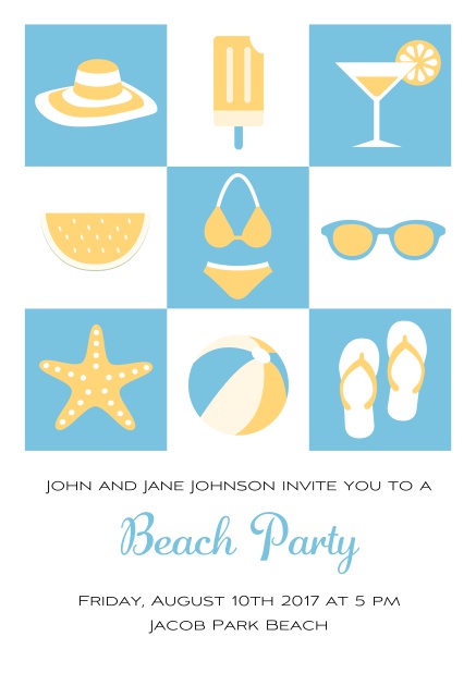 Pool party online invitation card with bikini, cocktail, flip flops, all you need. Blue.