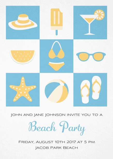 Pool party invitation card with bikini, cocktail, flip flops, all you need. Blue.