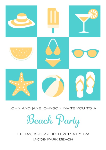 Pool party online invitation card with bikini, cocktail, flip flops, all you need. Green.