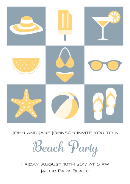 Pool party online invitation card with bikini, cocktail, flip flops, all you need. Grey.