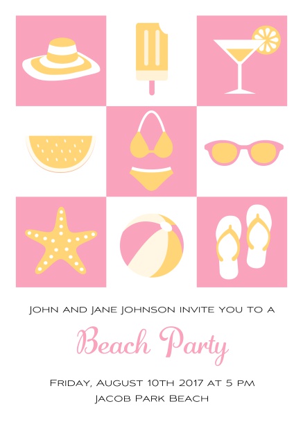 Pool party online invitation card with bikini, cocktail, flip flops, all you need. Pink.