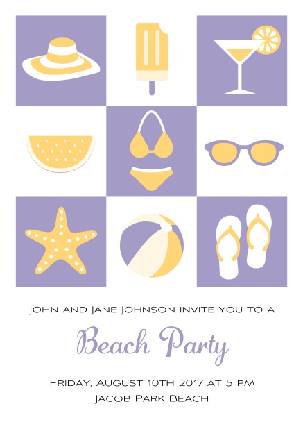 Pool party online invitation card with bikini, cocktail, flip flops, all you need. Purple.