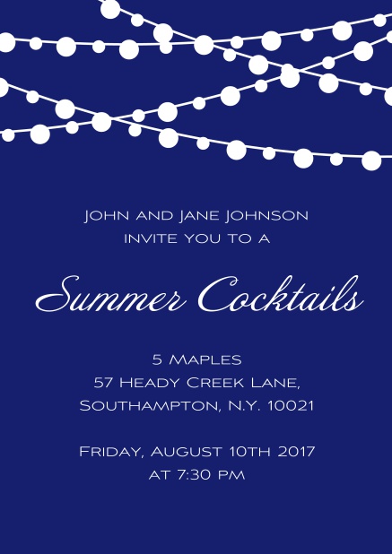 Online Summer cocktails invitation card in various colors with charming lanterns. Navy.