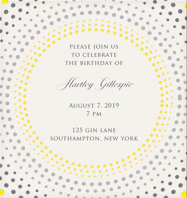 Animated Online Invitation card with moving circles in yellow and grey.