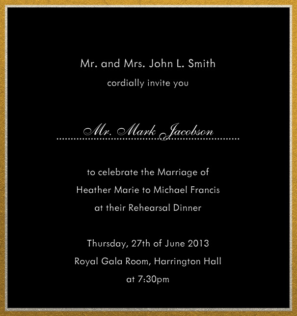 Online invitation with silver and gold frame in different paper colors. Black.
