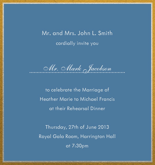 Online invitation with silver and gold frame in different paper colors. Blue.